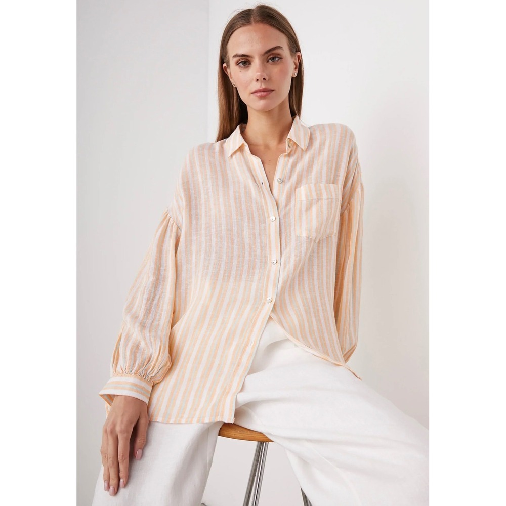 Rails Striped Linen Blend Button Down‎ Shirt Orange Yellow Blue Balloon Sleeve M